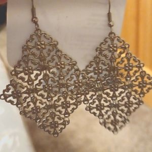 Jewelry Earrings Dangle Diamond Shaped Gold and White Toned French Wire Closure